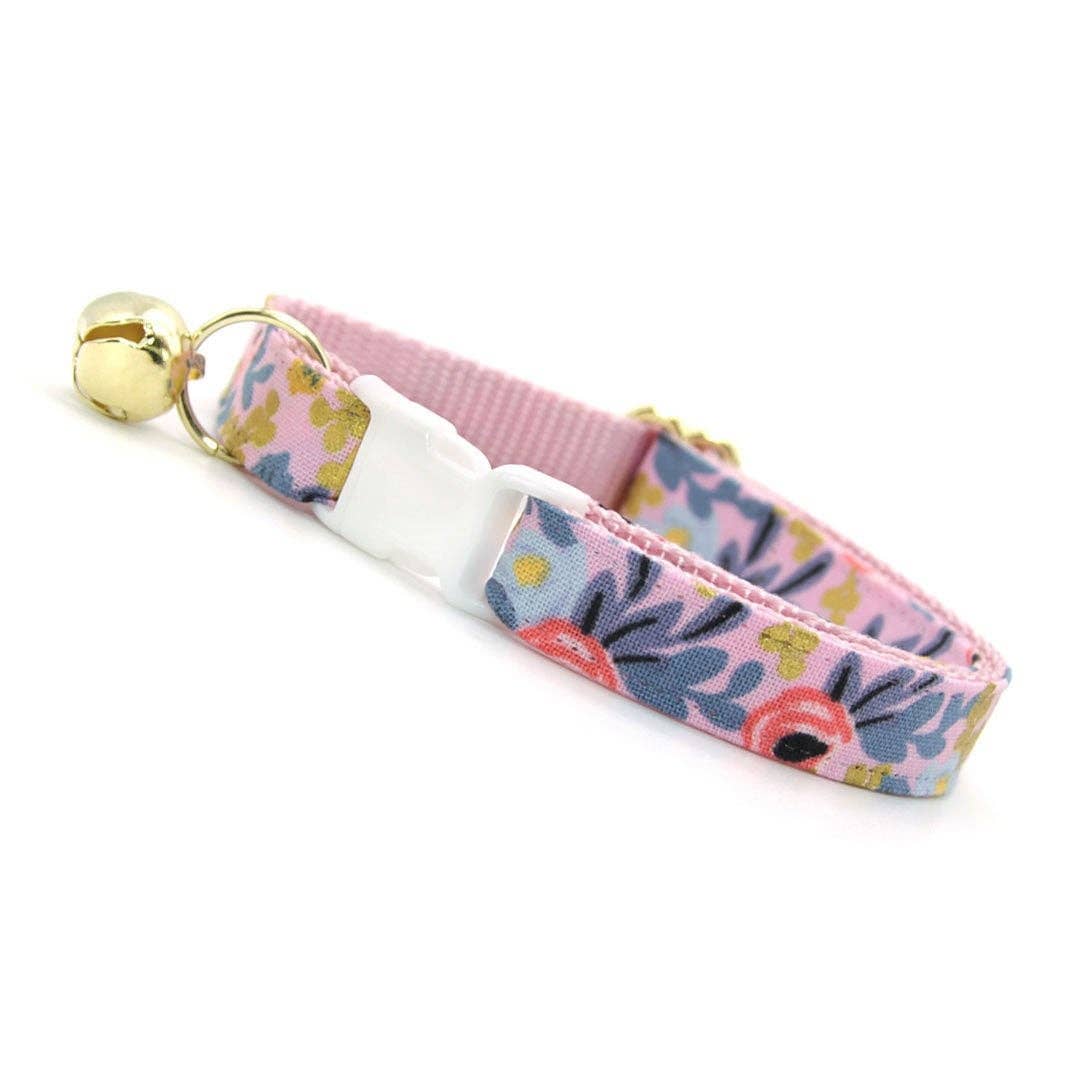 Made By Cleo - "Ophelia" - Periwinkle, Gold & Pink Floral Cat Collar Adult (8-13)
